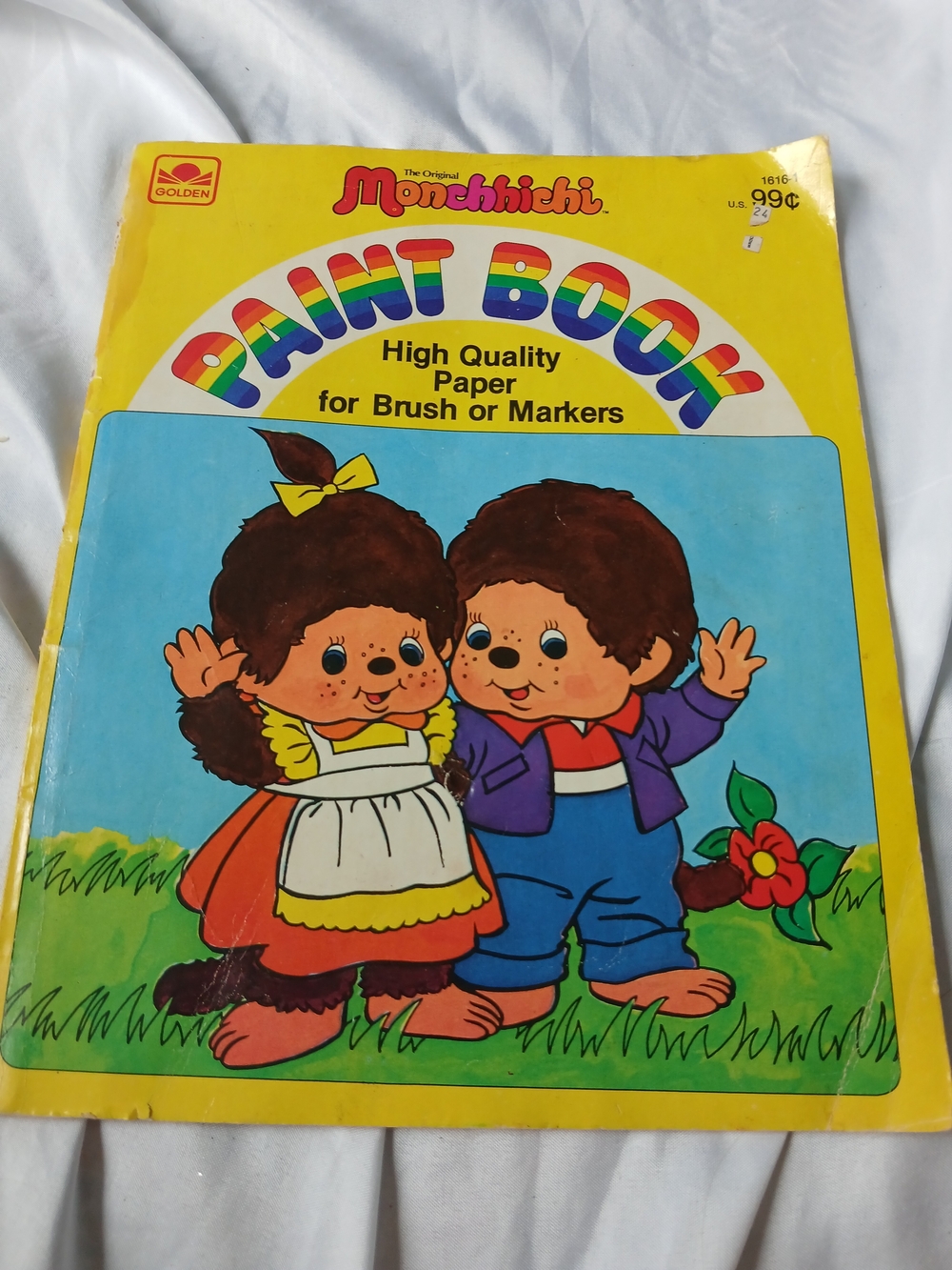 Vintage 1983 Monchhichi Paint Book - Yellow Cover with Rainbow Title